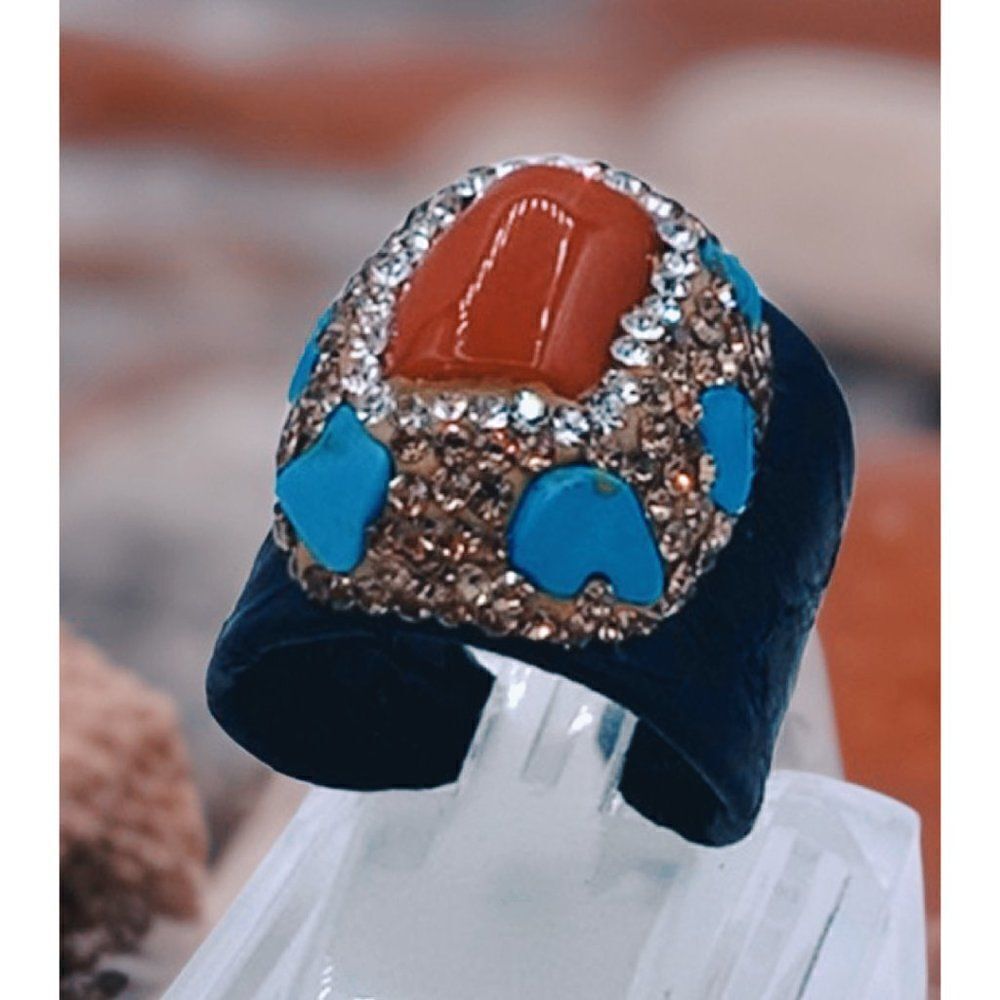 Ring, turquoise, coral, crystals, snake skin, big bold look NWOT adjustable size